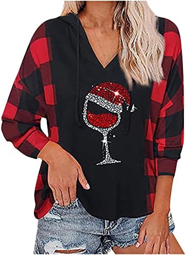 NaRHbrg Božić Dugi rukav pulover dukserica dukserica za žene u boji blok Plaid Hoody Shirt crno vino staklo Shirts Tops