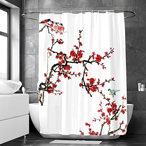 Nekoklly cherry cvjeta za zavjese za tuširanje, cvjetni set cvjetnog tuša, akvarel šljiva kupatilo Dekor, azijski japanski podružnica proljeće tradicionalni vodootporni, 60x71 inčni, crveni