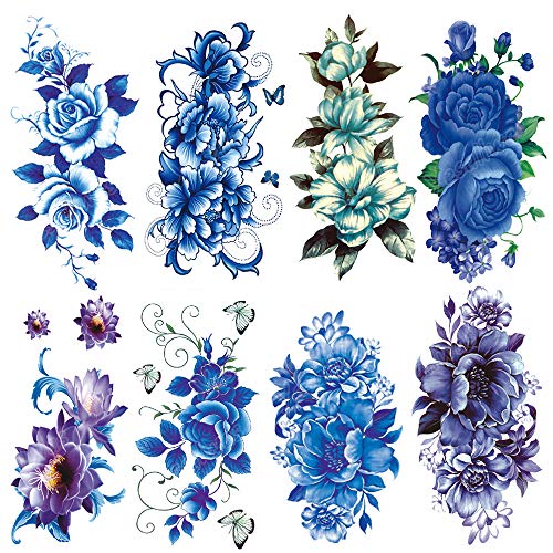 YESALLWAS 8 listova Plava lažna ruža tetovaža Privremene tetovaže za cvijeće za žene vodootporne rame Prekrasno cvijeće Tattoo