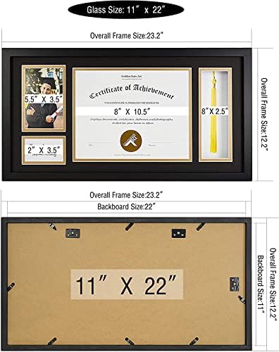 Golden State Art, 11x22 crni okvir diplome sa držačem za resice za diplomu 8, 5x11 i fotografiju 4x6 sa masivnim drvetom i kaljenim