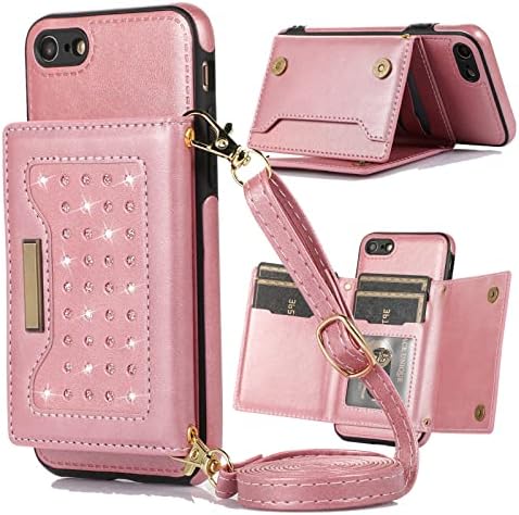 Xyx torbica za novčanik za iPhone SE 2022, Crossbody traka PU Koža RFID Blokiranje držača kreditne kartice futrole za žene djevojke s podesivom vezicom za iPhone 7/8, Rose Gold