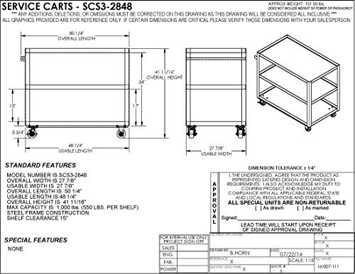 Vestil SCS3-2848 Steel Service Cart, 50.25 dužina, 27.88 širina, 41.69 visina, tri police