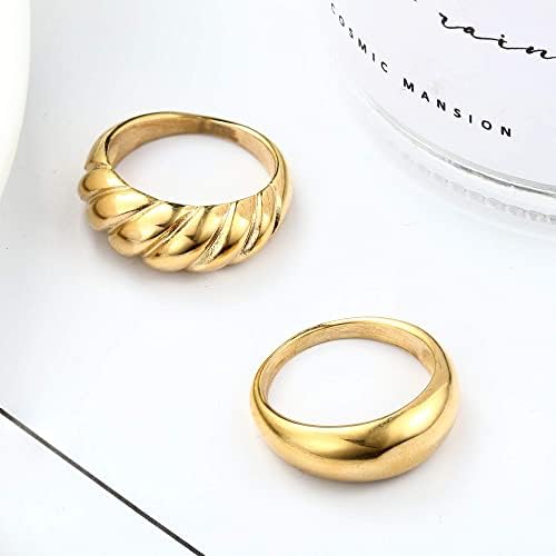 THUNARAZ 2kom zdepast kupolasti prsten za žene zlatni srebrni minimalistički upleteni prsten Slaganje Band Statement debeli par prsten od nerđajućeg čelika Set veličine 5-10