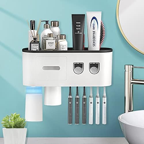 2 Automatska puštačića za zube, držač za zube Groad mačana sa zubima za zube na zid na zidu, multifunkcionalni organizator kupaonice, 2 magnetne čaše