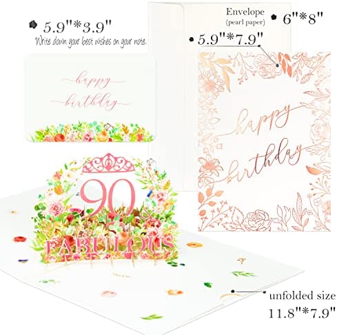 Crisky 90. rođendan Pop Up kartica 90 & Fabulous kartica za žene/supruga/sestra/tetka/kolega/prijatelj 90. rođendan poklon rođendan čestitka sa prazan komentar i koverti, 6x 8