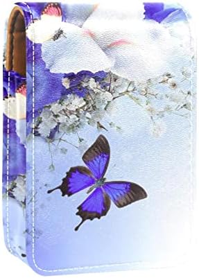 Cvijeće i leptir plave hortenzije i bijele perunike Mini ruž za usne sa ogledalom za organizaciju prijenosnog držača torbice