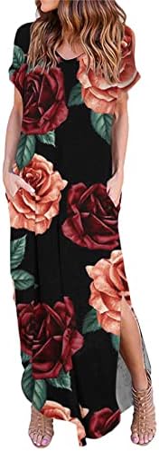 Haljine za žene cvjetni Print kratki rukav V izrez ljetni povremeni trudnički Maxi duga haljina s prorezom sarafan s džepovima