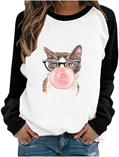 Ženska mačka dugim rukavima Crewneck labav fit pulover casual majica Raglan majica Slatke grafičke vrhove tunika za teen djevojke