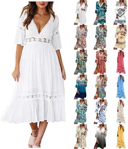 COTECRAM Ženske ljetne haljine 2023 Ležerne prilike V izrez kratki rukav ruff Craste bijela Flowy Haljina za odmor A-line Swing Boho haljina