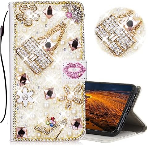 As-Zeke Glitter Wallet futrola za telefon kompatibilna sa Samsung Galaxy A42 5G 2021, 3d ručno rađena torba za djevojčice usne s visokom potpeticom Rhinestone Crystal Bling dizajn Navlaka za poklopac sa štitnikom za ekran [2 pakovanja] - Gold