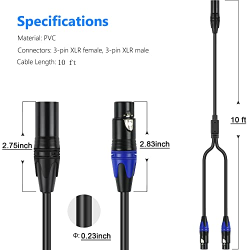 LanSenSu 1 muški na 2 ženski XLR Y Splitter Micrphone 10ft, 3pin XLR ženski na Dual XLR muški Y-Splitter Balansirani Mic Audio kablovi