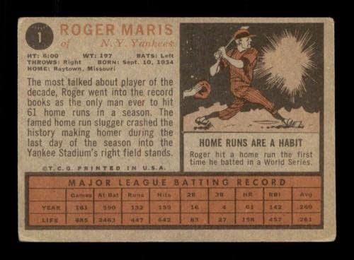 # 1 Roger Maris - 1962 bejzbol kartice za bejzbol za bejzbol - bejzbol ploča sa podiznim vratima berbe