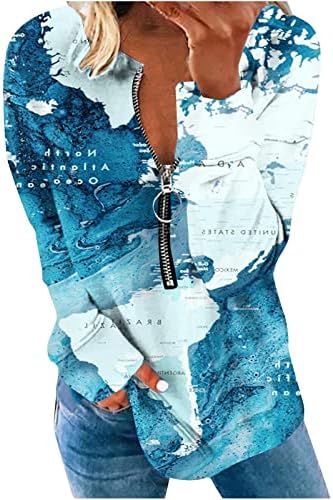Žene kauzal dugih rukava s dugim rukavima pola zip pulover vrhove modne kravate mape svjetske karte Print Tunic Izlazak na bluza