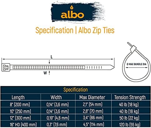 Albo Zip veze crni 12 inčni 1000 pakirajte duge plastične kabelske kablove debele 0,19 inča kravata za kravate Teška 50 lb uv otporna