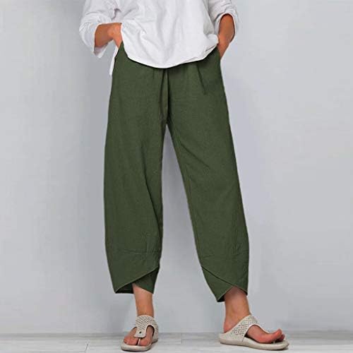Ženske posteljine pamučne pantalone, ljetne casual čiste salonske pantalone Trendy High Squik udobne široke noge obrezane ravne hlače