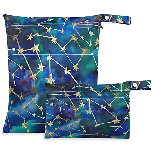 visesunny Night Sky Golden Star 2kom mokra torba sa džepovima sa patentnim zatvaračem periva prostrana torba za pelene za višekratnu