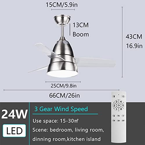 Ibalody Creative 26in stropni ventilator 3 zupčani ventilatorski ventilator 65W ventilator motorni balkon Radiona soba blagovaonica Dječja soba za djecu Mute plaftini ventilator sa LED svjetlom