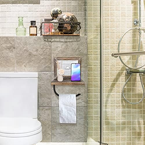 Držač za toaletni papir sa nosačem rola za polica za kupatilo Oprema za kupatilo Drveni i metalni crni toaletni držač za papir Zidni