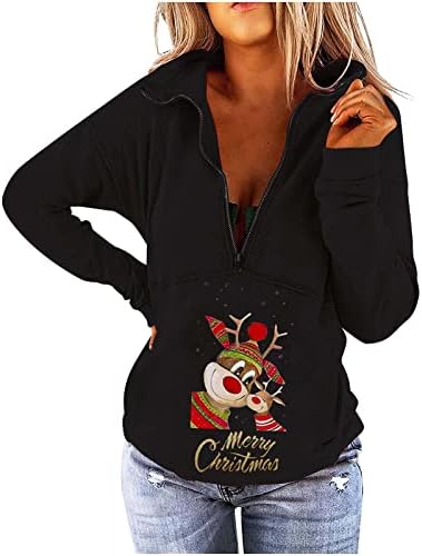Ženska dugi rukavska pulover s dugim rukavima s rubovom Božićne polovice zatvarače elegantne košulje Top Xmas Elk Ispiši labavi fit