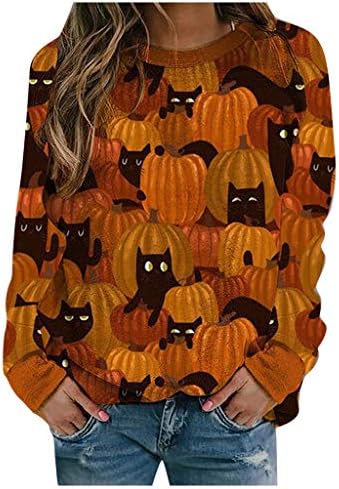 Halloween Dukmičenje bundeve za žene casual crewneck dugih rukava na vrhu grafičke šišmiš mačje majice prevelike pulover dukseve