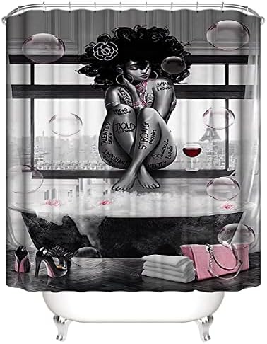 DDS-FOUDES 4pcs afričke američke crne djevojke vodootporne tuš za zavjese za kupatilo sa proličnim prostirkama, poklopcem za wc i prostirku za kadu, 12 plastičnih kuka