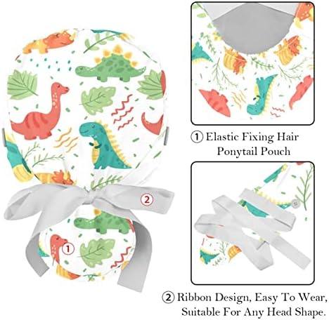 2 pakovanja podesive radne kape slatki Dinosaurus Bouffant šešir sa dugmadima rastezljiva traka Tie back Scrub šeširi za žene