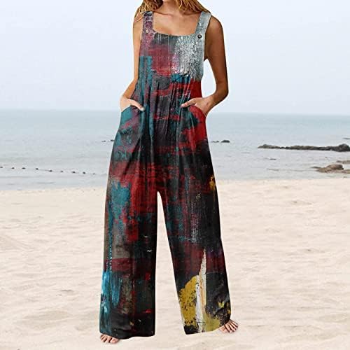 LCEPCY ženski modni kombinezoni šareni ispisani gumb za remenice ROMPERS BAGGY široke noge duge pantalone sa džepovima
