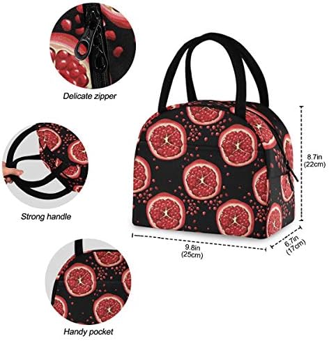 Yyzzh crveni Nar voćni uzorak Print na crnoj izoliranoj patentnoj vrećici za ručak Cooler Meal Prep torba kutija za ručak torba za odrasle muškarce žene ured kućne škole na otvorenom
