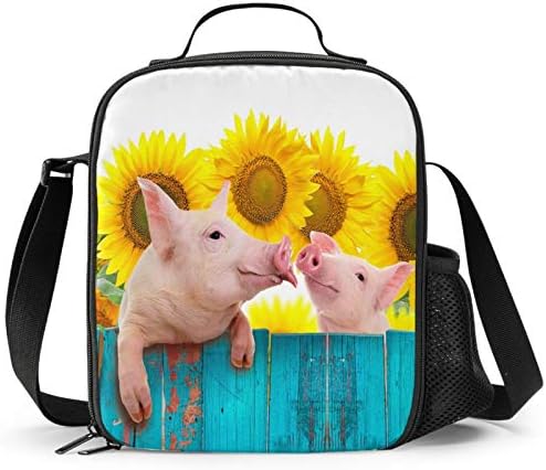 PrelerDIY Pigs Lunch Box-izolovana kutija za ručak za djecu smiješna 3D dizajn suncokretova pozadina sa džepom sa strane & amp; torba