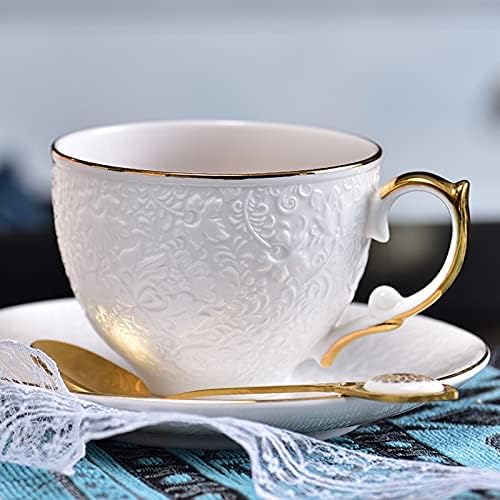 Dodouna White keramička šalica i tanjir Cvjetni čaj čaša sa zlatnim reljefnim svjetlom Luksuzno izvrsno popodnevni čaj sa kašikom