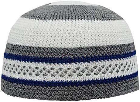 Thekufi® meka bijela i Siva s tamnoplavim linijama najlonska rastezljiva teksturirana Kufi kapa kapa isprekidane linije