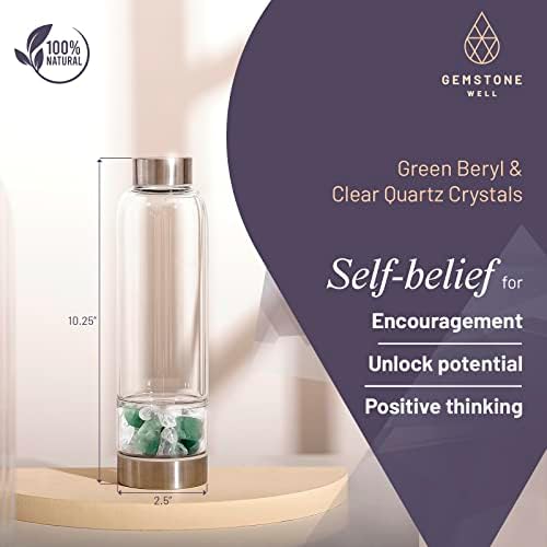 Kristalna boca za vodu Eliksir set | Uključuje autentični zeleni beril i čisti kvarcni kristali | Crni neoprenski rukav | Pijte dragulja