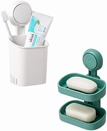 Tairi Košara za usisnu čašu Set paket od 2 držača sapuna + držač za zube Zidni organizator montiranog za šampon, sapun, bamica, bušilica