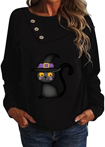 NaRHbrg košulje za Noć vještica za žene Casual duksevi dugi rukavi Tshirt bundeva crna mačka džemperi labavi pulover sa dugmetom