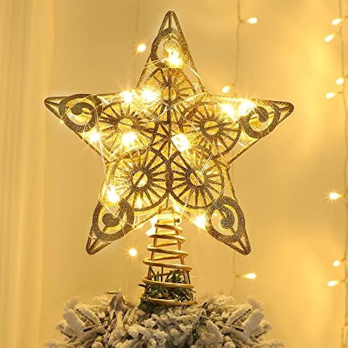 Juegoal Star Tree Topper sa 20 LED svjetla, zlatno osvijetljenog krošnjeg ukrasa božićnog stabla, 9 inča