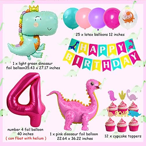 Dinosaur Party Decorts za djevojčice 4. rođendan Ružičasti baloni, broj 4 Balon, tiskani baloni za lateks za mali Dino, tematske potrepštine