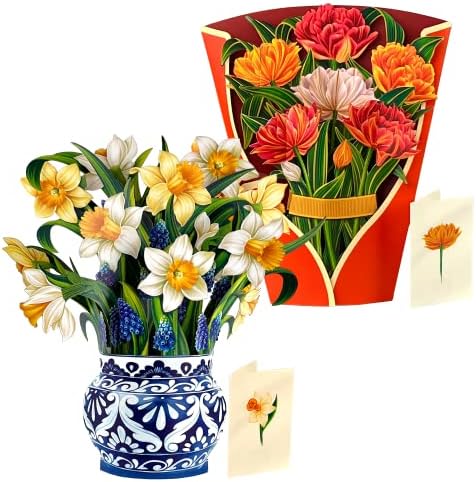 Freshcut papirne iskačuće kartice, Murillo tulipani + engleski Narcisi, Set od dva 12 inča zauvijek iskačući buketi cvijeća u prirodnoj veličini 3D Popup čestitke za godišnjicu sa bilješkama + koverte