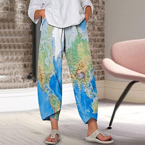 LMSXCT Capri pantalone za žene Mjesto karta Ispis elastičnih struka pamučne pantalone labavo plaža na široku nogu obrezane hlače sa