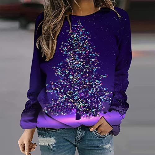 Svijetlo LED božićna majica za žene za žene dugih rukava Neonske vrhove pada slatko labavi fit Xmas Tree Crewneck Swestshirts