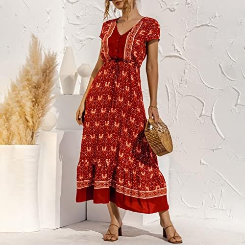 Fragarn Ljeto Maxi haljine za žene Boho casual gumb dole V izrez cvjetna kratka rukava s kratkim rukavima haljina s dugim strukom