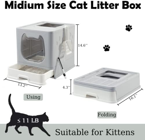 Vealind sklopiva kutija za smeće za mačke sa poklopcem, pokrivene kutije za smeće za mačiće sa kašikom i četkom za mačiće, zatvorena kutija za smeće za mačke sa tavom za otpatke, siva