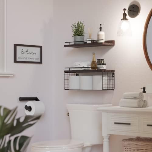Wopitues kupaonica, plutajuće police sa kupaonicom Zidni znakovnice, drvene kupaonice sa WC-om sa košarom set 3, plutajuća polica za kupaonicu zidni dekor sa štitnikom-rustikalni smeđi
