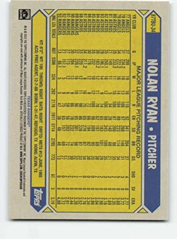 2022 Ažuriranje topps 1987 bejzbol # 87tbu-34 Nolan Ryan Texas Rangers Baseball Nm-MT
