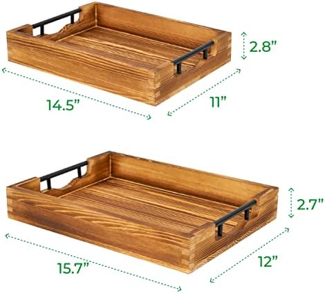 NHZ set od 2 nosača za posluživanje drva sa metalnim ručkama - velikim i malim ladicama set za hranu, drvene ladice za doručak - smeđa