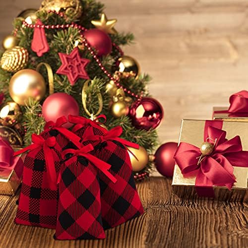 Aneco 24 komada Mini Buffalo karirane Božićne torbe 5,9 x 3,9 inča crveni i crni pamuk Božić predstavljaju torbe sa vezicama od 24