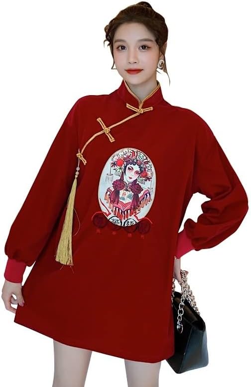 Crveni veznik Pulover žene Nacionalni stil TOP Vintage Harajuku Dukseri Dress Haljina sa labavom kineskom novogodišnjom odjećom
