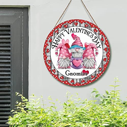 Drvena zidna umjetnost Sign Sretan Valentinovo Gnomies Gnomies Signali na vratima Crvena srca Ružičasti Gnome Porodični rustikalni