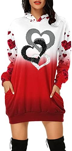 mmknlrm ženska Valentinova štampana duga dukserica s kapuljačom Ležerna haljina s kapuljačom s dugim rukavima s džepovima