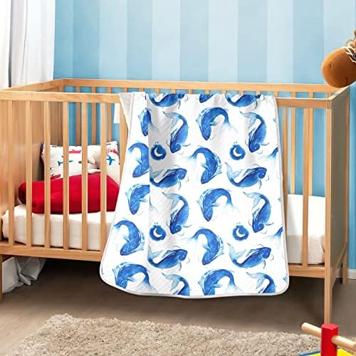 Swaddle pokrivač plavi riblji mjesec pamučni pokrivač za dojenčad, primanje pokrivača, lagana mekana prekrivačica za krevetić, kolica, raketa, japanski, 30x40 unutra, bijeli