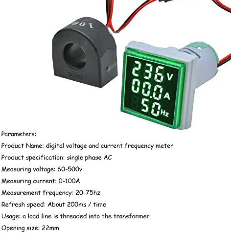 Acxico 1pcs 22mm 3 u 1 AC voltmetar ammeter frekvencijski metar zelena LED indikatorska lampa Digital Volt Amp Meter 60-500V 0-100A